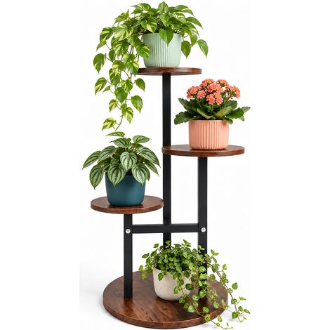 Relaxdays Plant Stand, 4 Round Tiers, HxWxD: 53 x 30 x 30 cm, Indoor Plant Shelf, Industrial, Black/Brown (1/5)