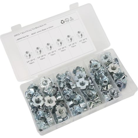 Écrous à quatre griffes 80 pièces, acier au carbone robuste, antirouille, 3/8 pouces, pour fixation de meubles, armoires et portes (1/5)