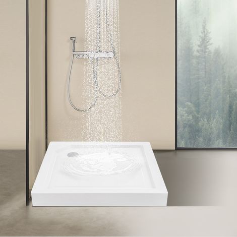 Base de ducha cuadrada blanca 33" x 33", bandeja de ducha de esquina antideslizante con desagüe central con pies ajustables, drenaje rápido y alta capacidad de carga para baño, RV, remolque de viaje, (1/5)