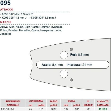 Barra McCulloch 45 cm - 18" passo .325", spessore 1.5 mm - .058" attacco 095, 72 maglie 451793