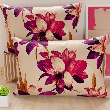 Lot de 2 Taies d'Oreillers 50x70 cm 100% Microfibre Hypoallergénique, Housse Oreiller Rectangulaire Motif Floral Crème Fuchsia, Paquet de 2