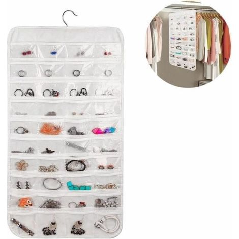 (White)Jewelry Organizer - Brand Unknown - Hanging Jewelry Storage Box with 80 Clear Pockets (1/4)