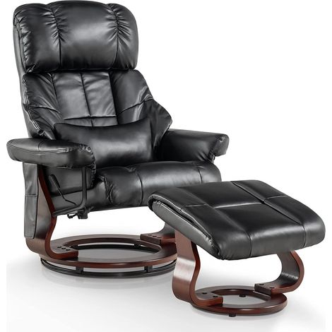 M MCombo Massagesessel mit Hocker, 360° drehbarer Relaxsessel mit Liegefunktion, moderner TV-Sessel Fernsehsessel mit Seitentasche für Wohnzimmer, Kunstleder, 9068 (Schwarz)