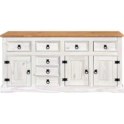 Buffet Commode de Rangement en Pin Massif Blanc Laqué et Miel avec 7 Tiroirs et 3 Portes - PANGIVO (1/3)