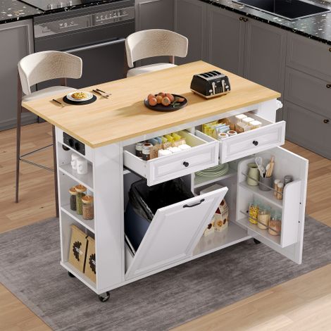 Desserte de cuisine avec 5 roulettes, 2 tiroirs, porte-serviettes, prises électriques, porte-épices, compartiments de rangement ouverts, blanc