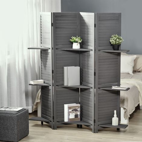 Cloison amovible Paravent intérieur 4 Panneaux 160 x 170 cm 3 étagères Pliables séparateur de pièce Portes persiennes Bois de Paulownia (1/5)