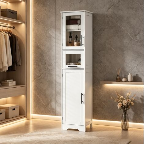 Columna de baño 40 x 31 x 170 cm con 1 cajón y 2 puertas, blanco HAVRYA (1/5)