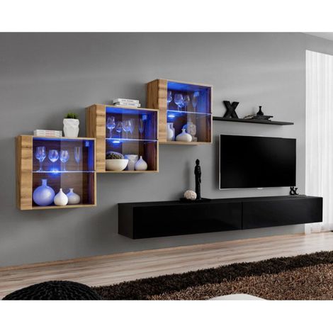 Meuble TV Mural Design "Switch XX" 330cm Noir & Naturel (1/4)