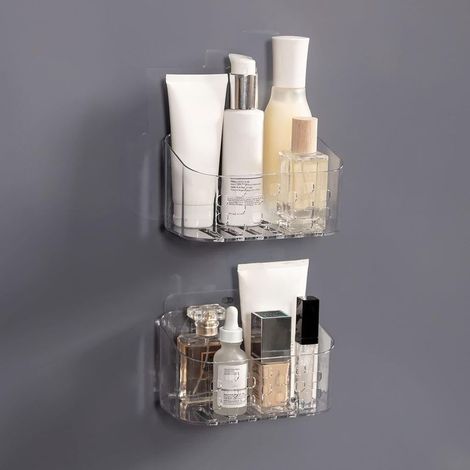 Panier de douche, petit panier de douche, rangement adhésif mural sans perçage pour salle de bain et cuisine, plastique transparent. (1/5)