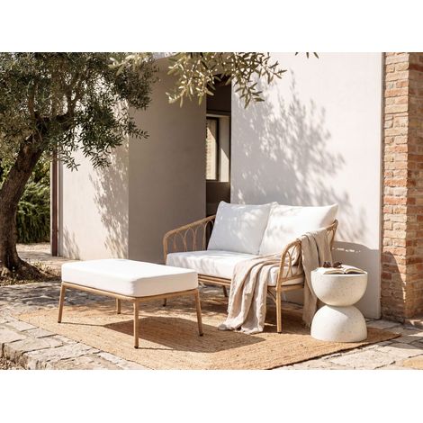 Sofá de jardín 2 plazas con banco patas de acero cojines blanco crema muebles de exterior de ratán sintético marrón claro Follo (1/5)