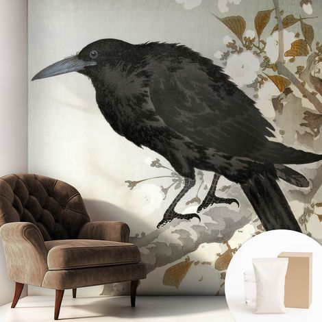 Papier peint intissé classique moderne pour salon et chambre à coucher Décoration rapide avec colle Corbeau dans les fleurs 250x250 cm (1/5)