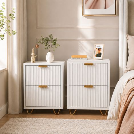 Lot de 2 tables de chevet 40cm, Bout de canapé et meuble de rangement pour chambre, Style scandinave avec 2 tiroirs ondulés et pieds dorés, Blanc (1/5)