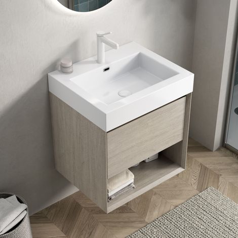 Meuble sous vasque mural avec 1 tiroir et 1 étagère ouverte, fermeture douce, pour salle de bain, 55×46×60 cm (1/5)