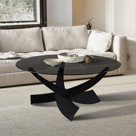 Table basse ronde 90x90x41cm en verre trempé gris (1/5)