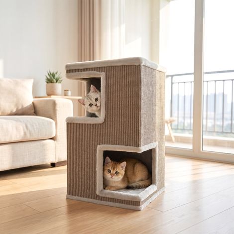 Barril para gatos de interior de 3 pisos, cueva para gatos semicerrada con superficies para rascar alrededor, 2 cuevas para gatos (1/5)
