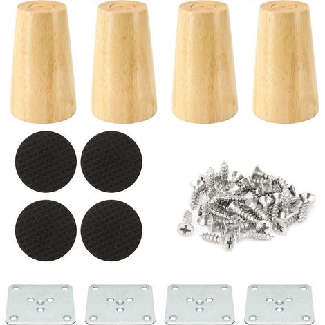 Un ensemble de quatre pieds de meubles en bois de 8 cm de haut, comprenant des pieds droits de canapé, des pieds de lit et des pieds d'armoire en bois avec des patins antidérapants, adaptés aux canapé (1/5)