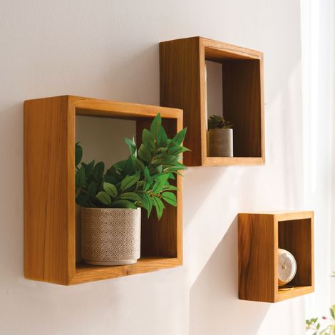 Lot de 3 Etagères Murales en Bois Teck Huilée Carrée - 18x120x230/265/300mm - Etagère de Bureau, Cuisine, Salle de bain, Salon (1/5)