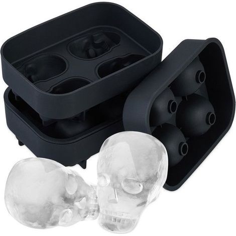 Bandeja para cubitos de hielo de cuatro compartimentos, juego de dos piezas, diseño de calavera, material de silicona, estilo gótico de Halloween, color negro. (1/5)