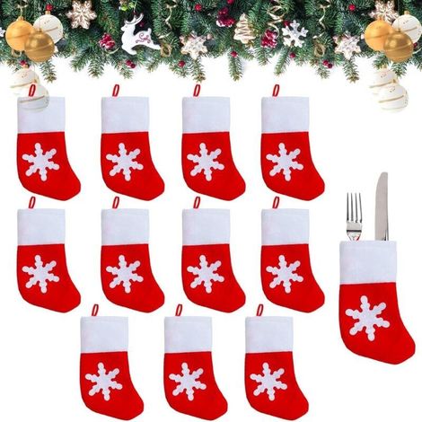 Porte-Couverts de Noël,Mini Chaussettes de Noël,12 pièces Porte-Couverts Chaussettes Noël,Range Couvert Noel,Sac de Vaisselle de Noël,Decoration Noel Porte Couvert,Décoration de Couverts de Noël (1/5)