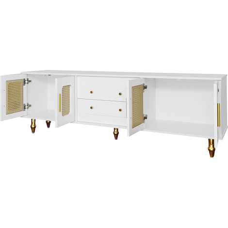 Meuble TV en bois blanc avec portes en rotin PVC, poignées et pieds dorés, 175 x 38 x 55,5 cm (1/5)