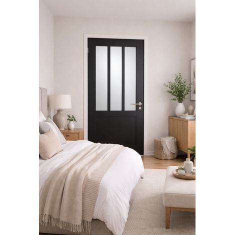 Bloque de puerta de taller negro con vidrio esmerilado H204 x L83 cm, lado de la tabla derecha, pomo Pomerol, GD MENUISERIES