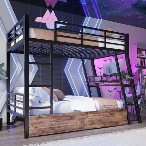 Lit mezzanine moderne 90x200 cm en métal noir avec bureau, 2 tiroirs, échelle sécurisée et bande LED (1/5)