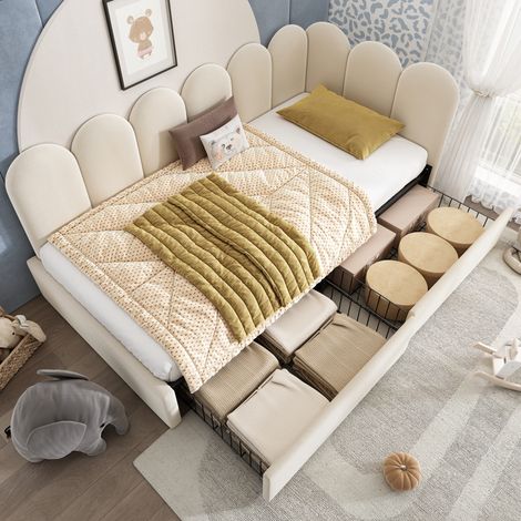 Bett aus Samt Beige 90x190 cm mit 2 Schubladen, Lattenrost und Kopfteil (1/5)