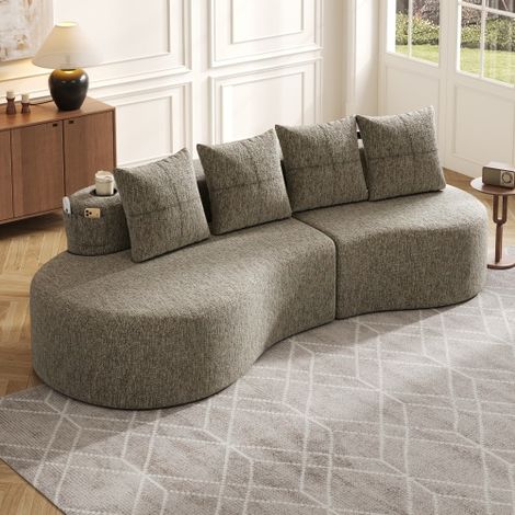 Leinenstoff-Sofa mit 4 Kissen, Hochdichtschaumfüllung + Federstücke, Tassenhalter & Seitentasche – Einzigartiges Design, Bequem & Atmungsaktiv,Ideal fürs Wohnzimmer, Gästezimmer oder Balkon.Khaki