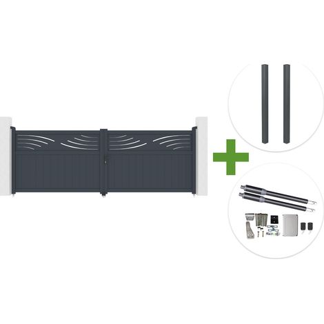 Portail battant 4m HALTI H.140cm aluminium gris + 2 poteaux ELDA 15x15cm + motorisation Ranger B150 (1/5)