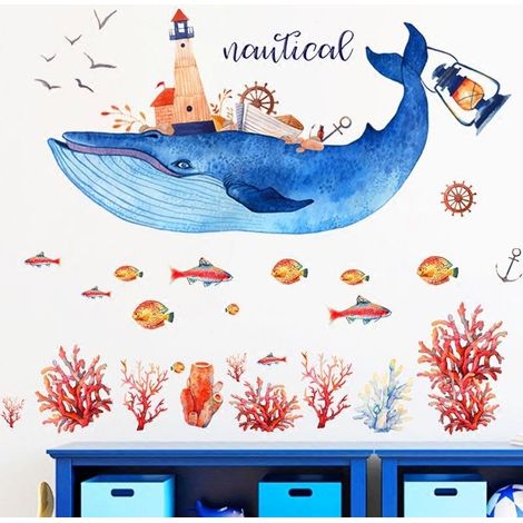 Sticker mural baleine bleue, décoration pour salon, papier peint (1/5)