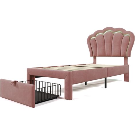 Cama individual 90 x 190 cm de terciopelo rosa con cajón y cabecero regulable (1/5)