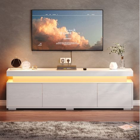 Mueble para TV de tablero de partículas blanco 150x35x43 cm, 3 puertas, 4 compartimentos y luz LED USB (1/5)