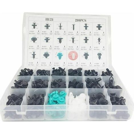 299-teiliges Kunststoff-Set mit Clips, Befestigungselementen, Nieten, Zierleisten, Stoßstangen, Türverkleidungen und Aufbewahrungsbox für universelle Autoteile. (1/5)