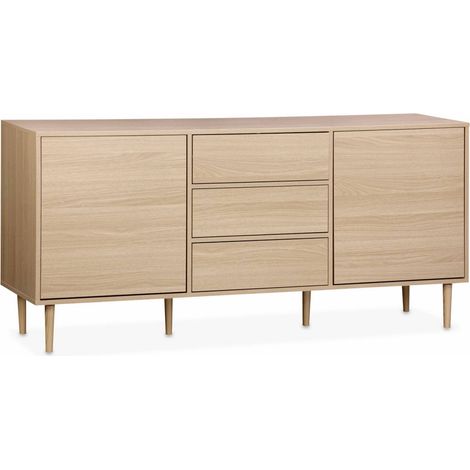 Buffet de rangement décor bois - Mika - 2 niveaux. 2 portes. 3 tiroirs. buffet bas. L 160 x l 40 x H 74cm