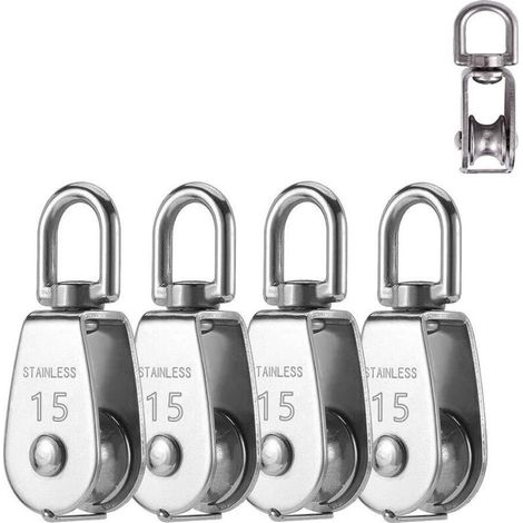 4 Pièces Poulies à Bloc Unique, Poulie en Acier Inoxydable M15 Poulie Pivotante Directionnelle Poulie de Traction Poulie Filet de Pêche Charge 35 kg (1/5)