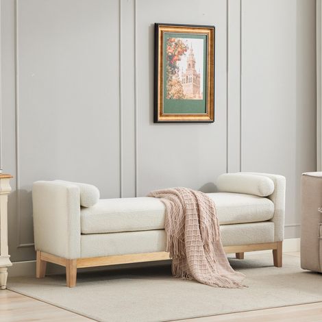 Banquette élégante capitonnée avec pieds en bois et 2 coussins, méridienne et repose-pieds pour chevet, chambre, salon, entrée, IVOIRE