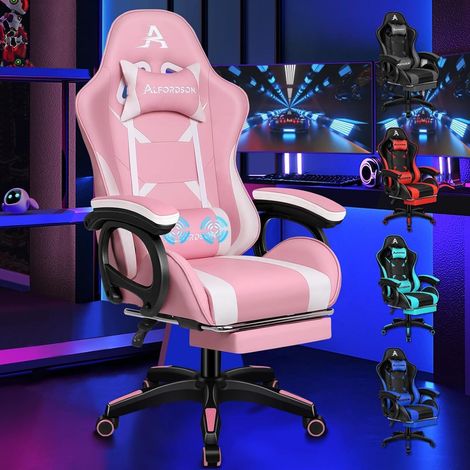 Gamingstuhl mit Massage Fußstütze Kopfstütze Lendenkissen 150° Rückenlehne Rosa (1/5)