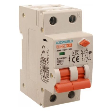 RCBO Doppia Leva, Interruttore Magnetotermico Differenziale Tipo AC Curva C 1P+N 2M 6000A 30mA C10A AC 230V IP20 IEC61009-1 PL8HM