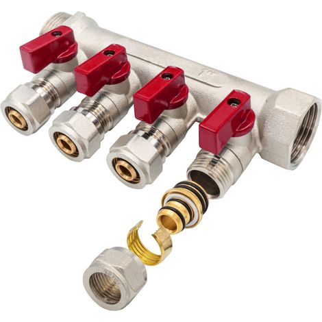 Heizkreisverteiler Verteiler mit 4 Abgängen Kugelhahn Rot MF-1" 4 x 16 Verteiler mit 4 Abgängen Kugelhahn Rot MF-1” 4 x 16