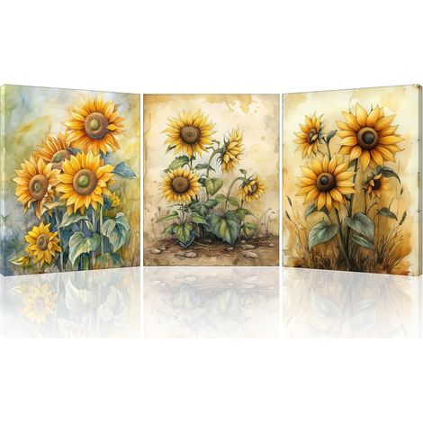 Tableau Mural En Toile De Fleurs Jaunes, Tableaux De Tournesol, 3 pièces Tableaux De Décoration Moderne Pour Salle De Bain Entrée Hall Entrée Cafe, 30x40 Cm (1/5)