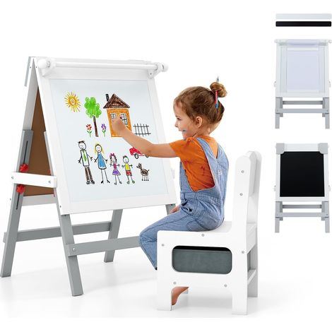 COSTWAY Tableau Enfant Double Face avec Chaise & Porte-Papier, Chevalet Enfant Réglable en Hauteur avec Tableau Noir & Blanc, Barres Magnétiques, Bac en Tissu pour 3+ Ans (1/5)
