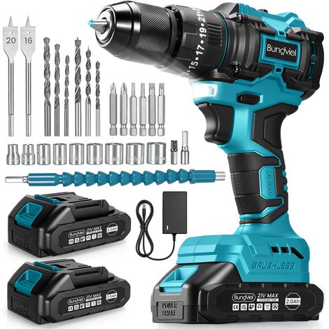 Visseuse sans fil 25+3 compatible avec batterie 18 V, comprend 2 batteries 2,0 Ah et chargeur, couple 21 V, 60 Nm, transmission à 2 vitesses, idéal pour la maison et le jardin (1/5)