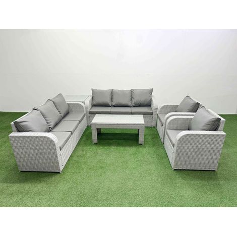 Fimous PE Rattan High Back Lounge Sofa Set Patio Oblong Coffee Table & Chairs Set with 3 Seater Sofa Reclining Chair Side Table Light Grey (1/4)
