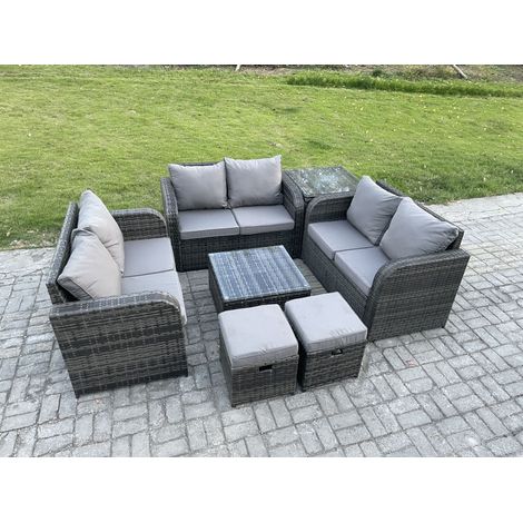 Fimous Outdoor Garden Furniture Sets 8 Seater Wicker Rattan Furniture Sofa Sets with Square Coffee Table Love seat Sofa 2 Small Footstools Side Table (1/5)