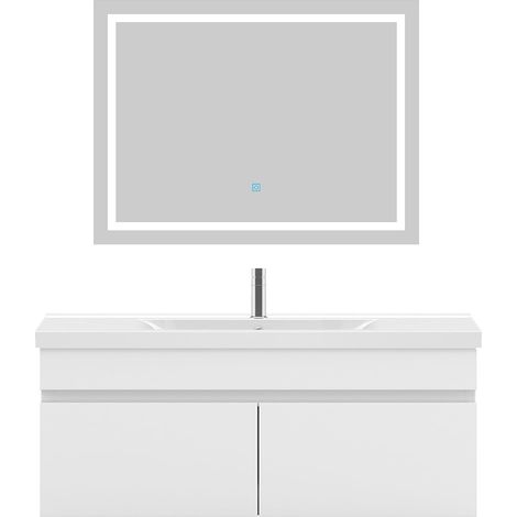 Ensemble meuble de salle de bain 100cm, vasque céramique et LED miroir, blanc
