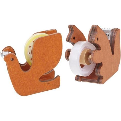 2 Distributeurs de Ruban Adhésif Bois Mignon - Support Dérouleur Antidérapant, Organisation Bureau/Maison, Style Animal (1/5)