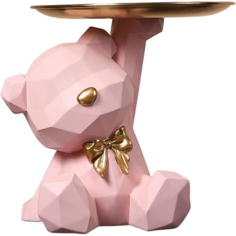 Bol Clé Entrée Ours en Résine avec Plateau Rangement, Porte Clé, Bijoux, Accessoires Rose, Statue Décorative, Idéal pour Hall d'Entrée (1/5)