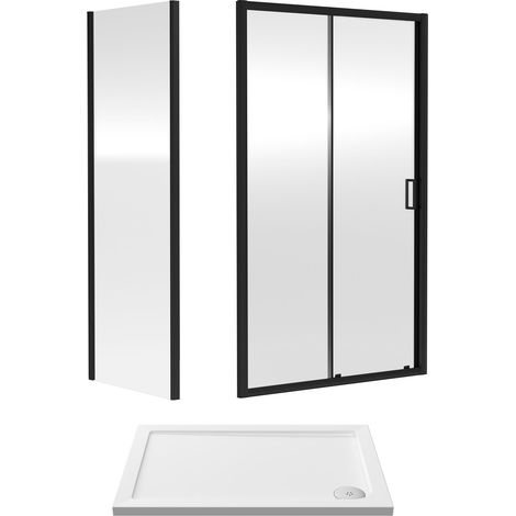 Balterley Sliding Shower Door Suite: 6mm Safety Glass Sliding Door, Side Panel & Resin Shower Tray, 1000 x 700mm, Matt Black (1/3)