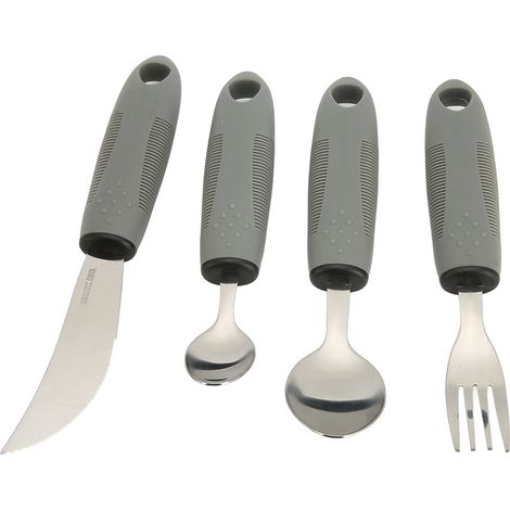 Ensemble de 4 couverts en acier inoxydable (fourchettes et cuillères) avec larges manches en caoutchouc, idéal pour la maison. (1/5)