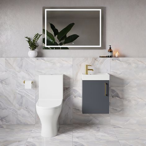 Napoli Cube Gloss Grey 400mm Single Door Wall Mounted Vanity Unit and Jubilee Toilet Suite with Align Basin - 400mm - Brushed Brass 160mm Handle
